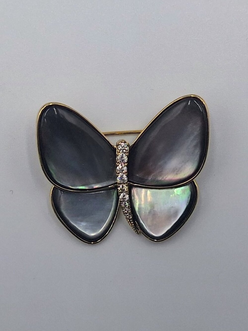 Natural Mother of Pearl Butterfly Brooch Pin Vintage Gold Plated CZ Stones